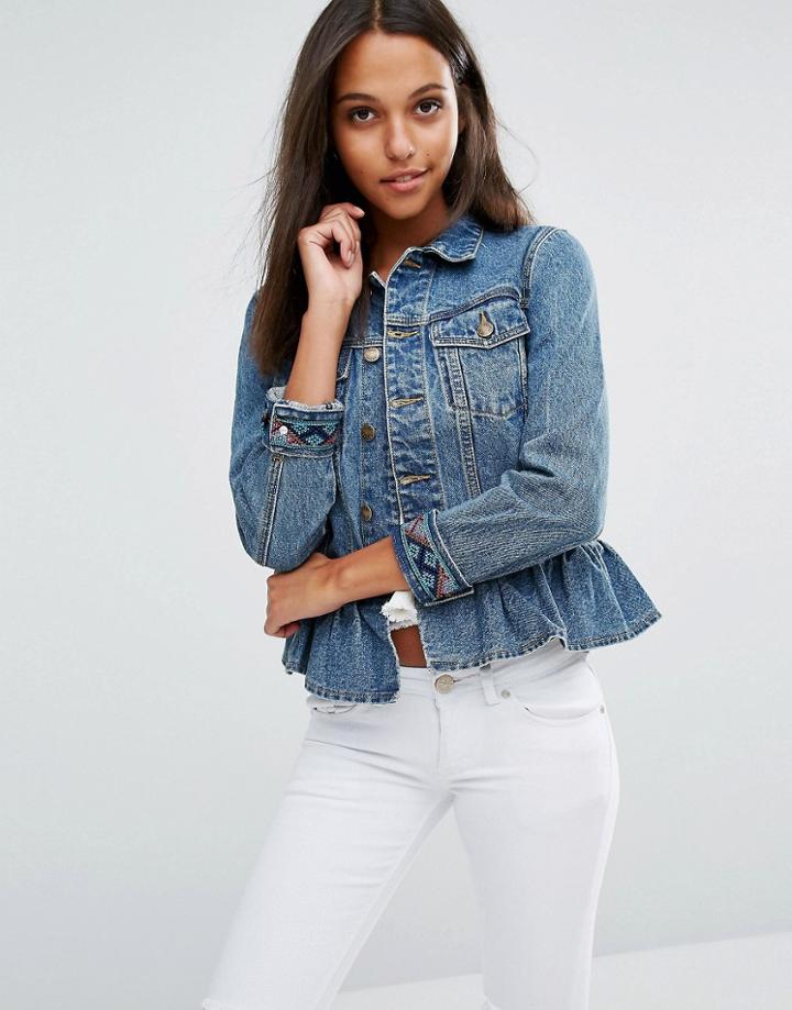 Liquor & Poker Denim Jacket With Ruffles - Blue