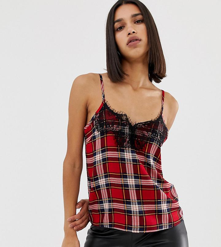Missguided Lace Trim Cami In Red Check - Multi
