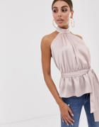 Asos Design Halter Top With Tie Detail In Satin-gray