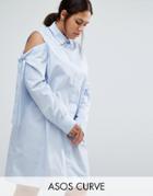 Asos Curve Shirt Dress With Cold Shoulder & Tie Detail - Blue