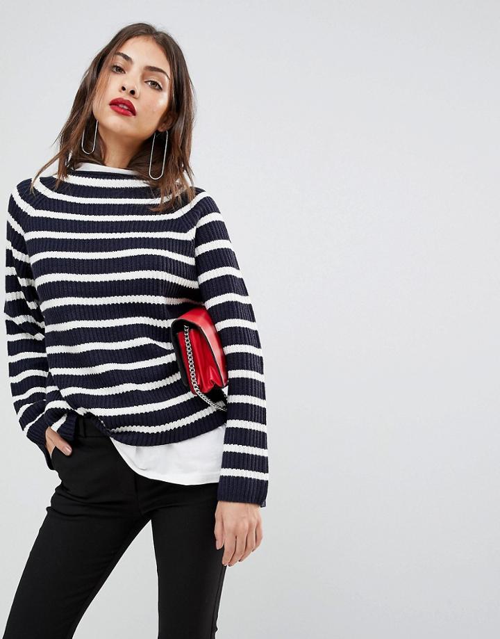 Mango Stripe Knit High Neck Sweater - Navy