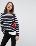 Mango Stripe Knit High Neck Sweater - Navy