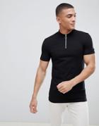 Asos Design Muscle Fit Zip Neck Turtleneck T-shirt In Black - Black