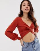 Asos Design Twist Front Sweater With Blouson Sleeve In Slub Yarn-red
