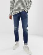 Asos Design Skinny Jeans In Dark Wash With Knee Rips-blue