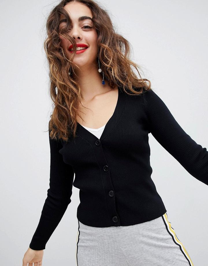 Stradivarius Ribbed Jersey Cardigan - Black
