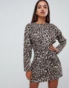 Prettylittlething Tie Waist Dress In Leopard Dress - Multi