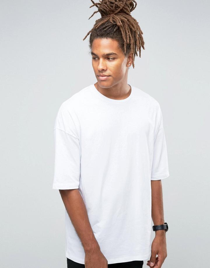Asos Oversized Longline T-shirt With Half Sleeve In White - White