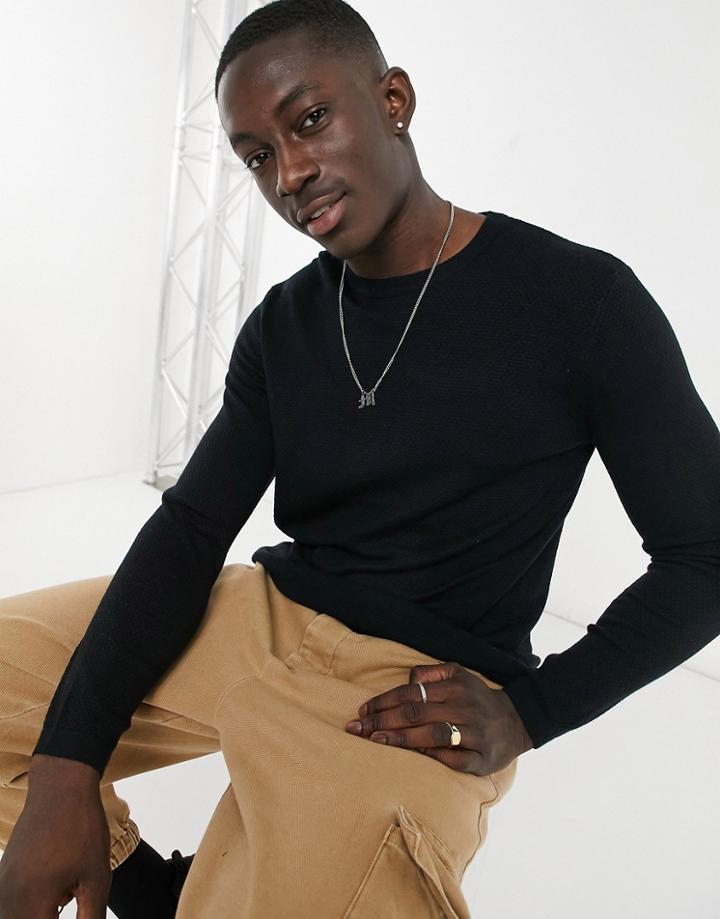 Bershka Crew Neck Textured Sweater In Black-white