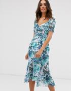Hope And Ivy Milkmaid Midi Dress With Button Front In Blue Floral - Blue