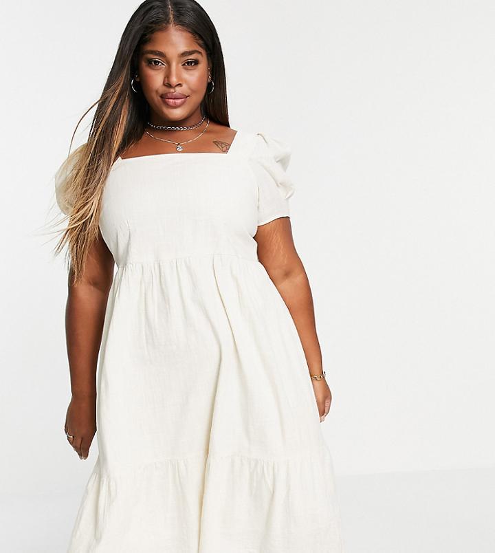 Vero Moda Curve Organic Cotton Puff Sleeve Midi Dress In Cream-white