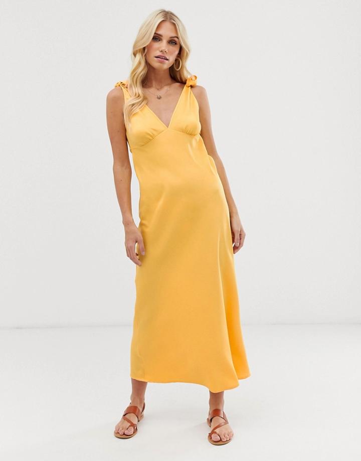Vero Moda Tie Shoulder V Neck Midi Dress In Yellow - Yellow