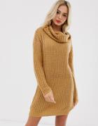 Brave Soul Soda Cowl Neck Sweater Dress In Spiced Camel