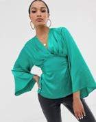 Asos Design Long Sleeve Plunge Top With Tie Waist In Satin-green