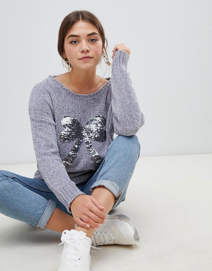 Wild Flower Sweater With Sequin Bow Detail - Gray