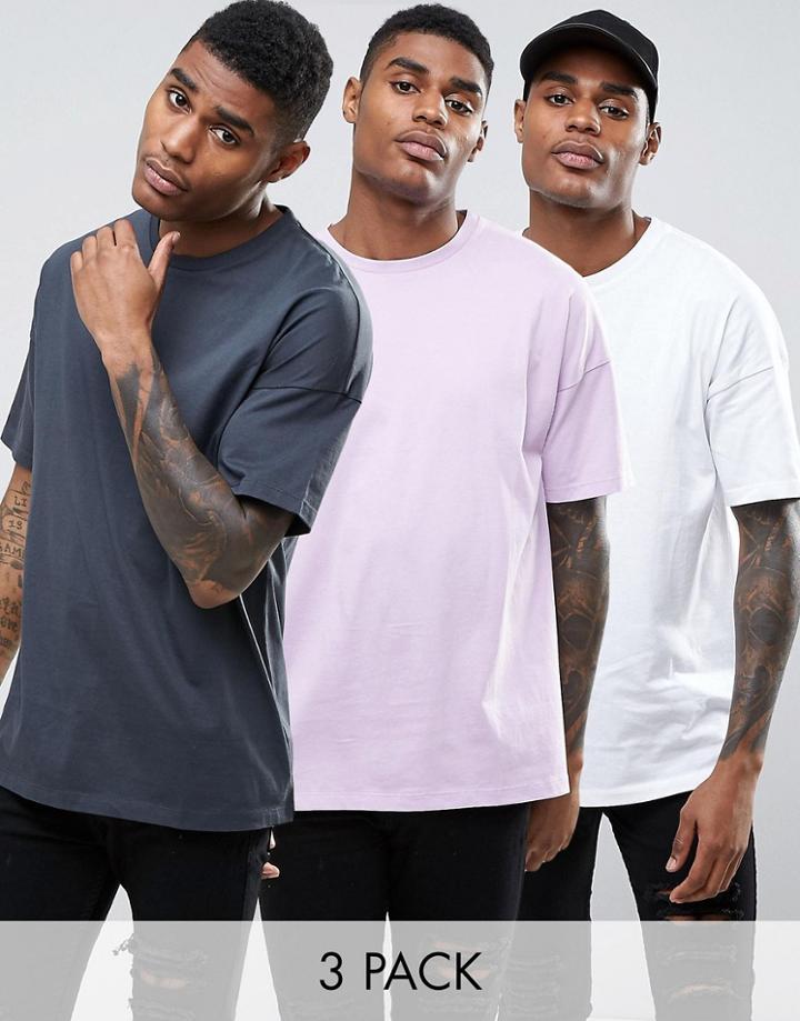 Asos 3 Pack Oversized T-shirt In Gray/white/purple With Half Sleeve Save - Multi