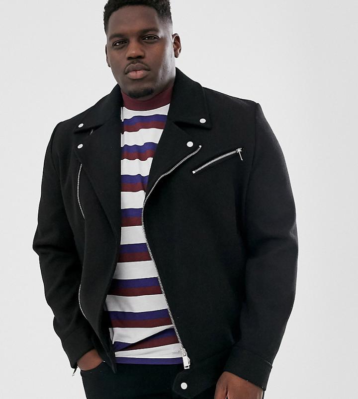 Asos Design Plus Wool Mix Biker Jacket In Black - Black