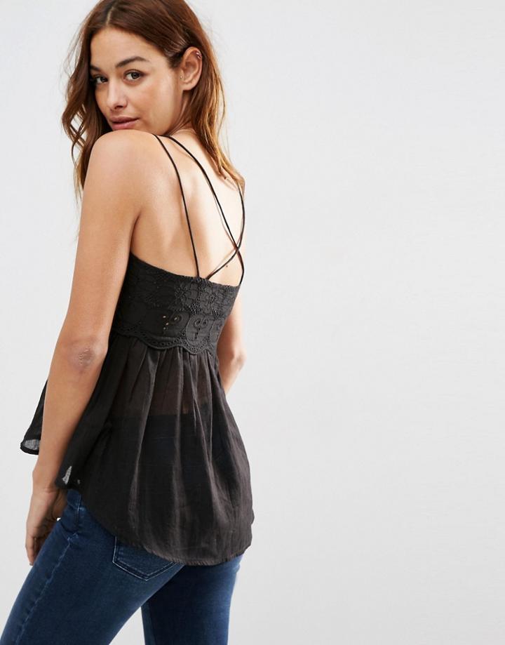 Asos Embroidered Cotton Sun Top With Dip Back - Black