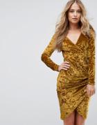 Club L Plunge Wrap Front Ruched Side Dress In Velvet - Yellow