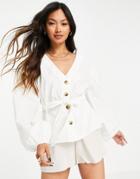 Asos Design Cotton Button Through Top With Tie Waist In Ivory-white