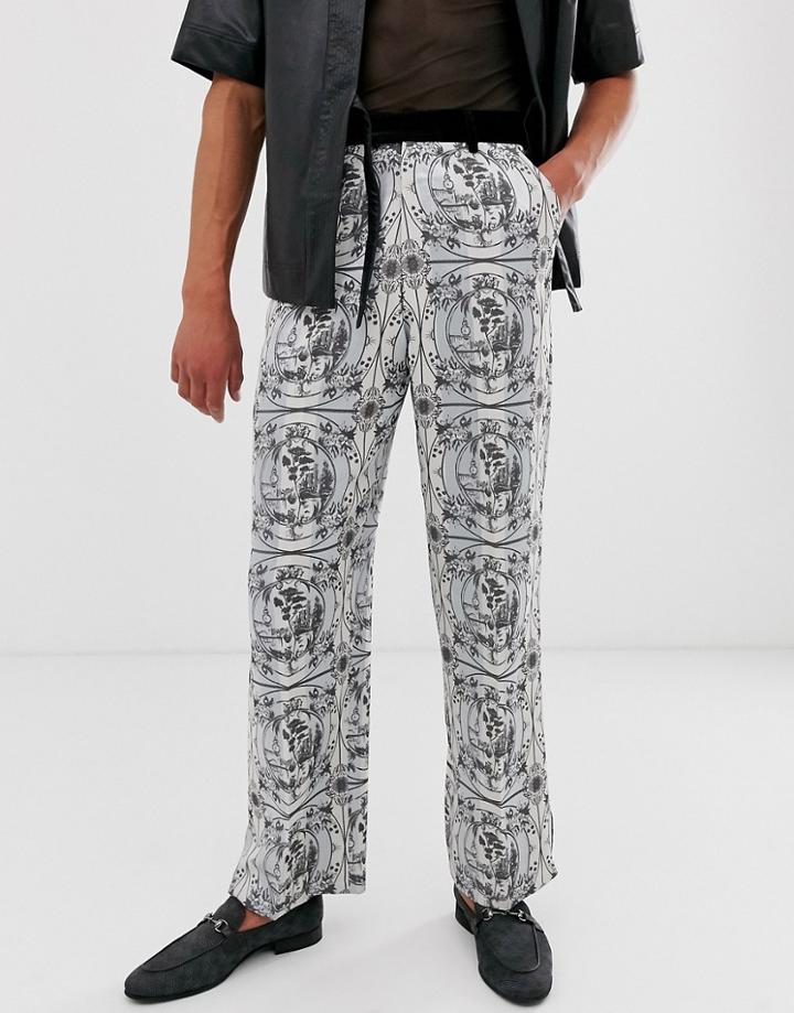 Asos Edition Wide Leg Suit Pants With All Over Monochrome Print And Velvet Detail-black