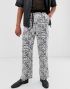 Asos Edition Wide Leg Suit Pants With All Over Monochrome Print And Velvet Detail-black