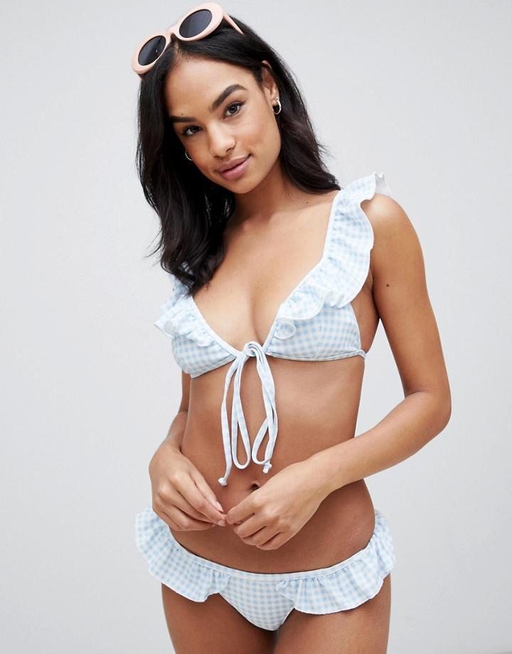 Lost Ink Gingham Frill Bikini Top-blue