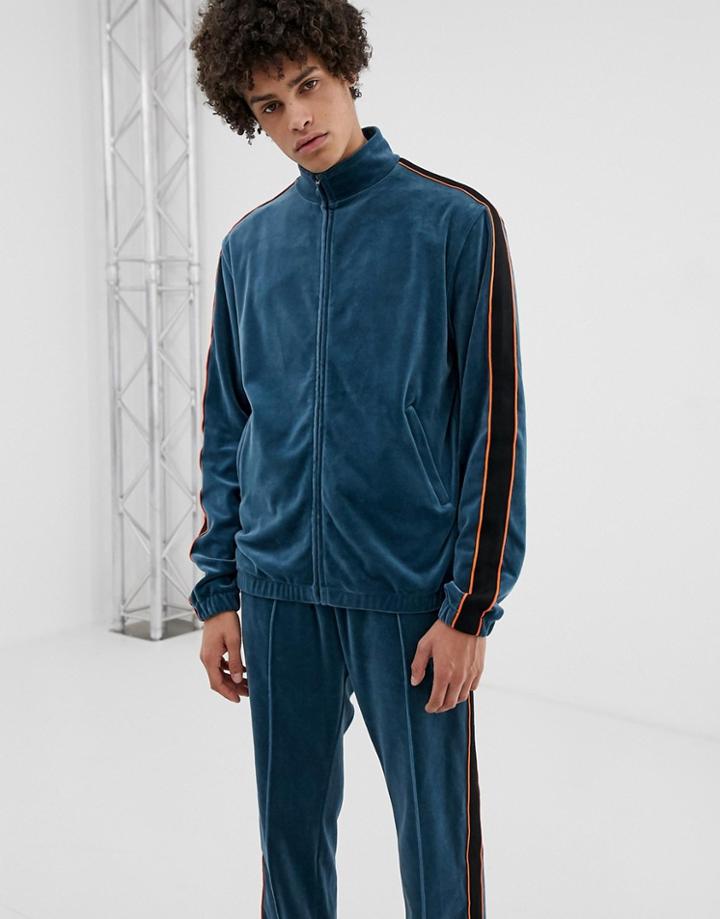 Weekday Track Velour Zip Sweatshirt - Blue