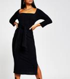 River Island Petite Ribbed Tie Front Midi Column Dress In Black