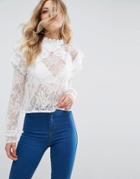 Asos Lace Top With High Neck & Ruffle Shoulder - White