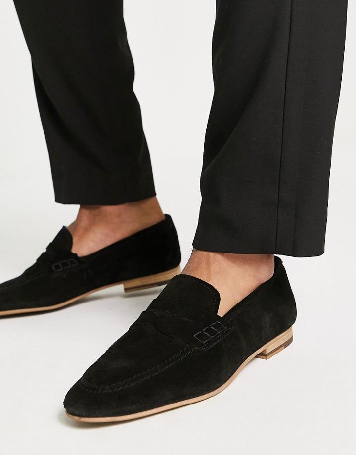 Topman Black Real Suede Loafers In Black