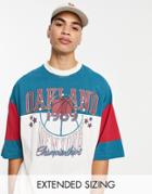Asos Design Oversized T-shirt In Blue And Ecru Color Block With Oakland City Print-neutral