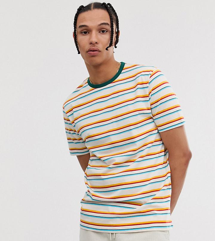 Asos Design Tall Organic Cotton Relaxed T-shirt With Rainbow Stripe And Contrast Neck-multi