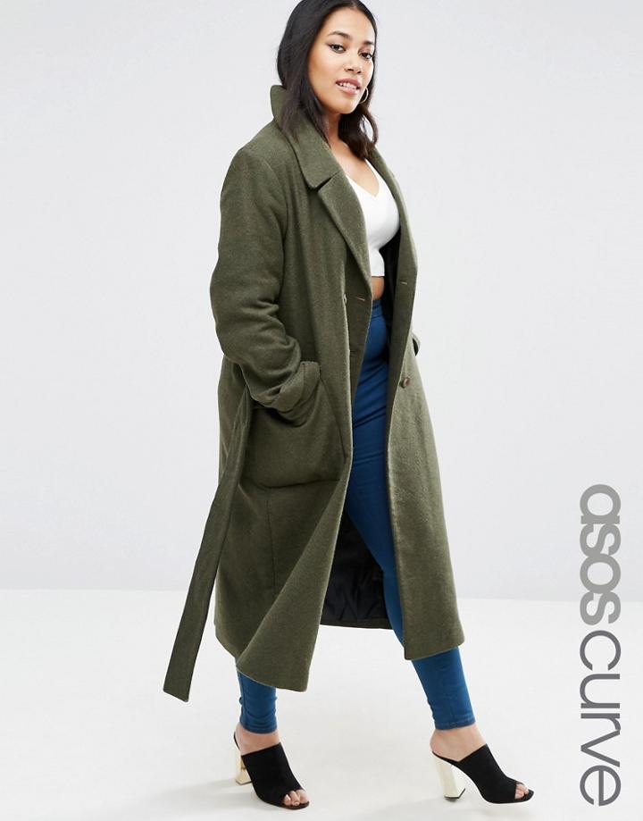 Asos Curve Wool Blend Midi Coat With Tie Belt - Green