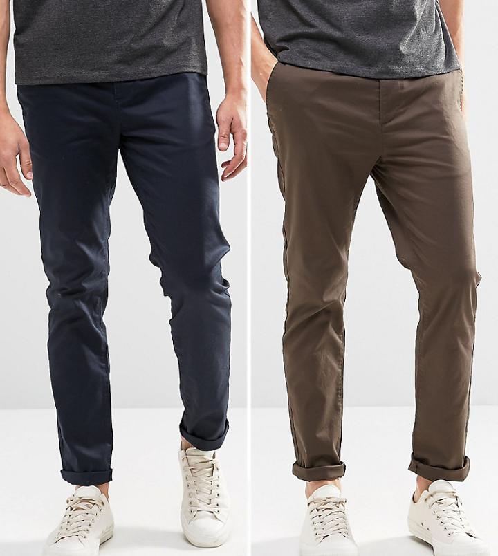 Asos Design 2 Pack Slim Chinos In Navy & Brown Save-multi