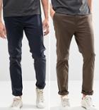 Asos Design 2 Pack Slim Chinos In Navy & Brown Save-multi