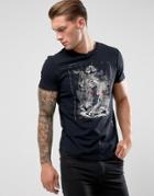 Religion Skull Butterfly Print Curved Hem T-shirt - Black