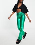 Pull & Bear High Rise Metallic Straight Leg Pants In Green