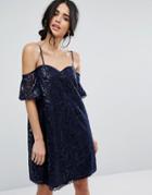 Chi Chi London Off Shoulder Shift Dress In Lace - Navy