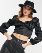 Violet Romance Ruched Cropped Top With Volume Sleeves-black