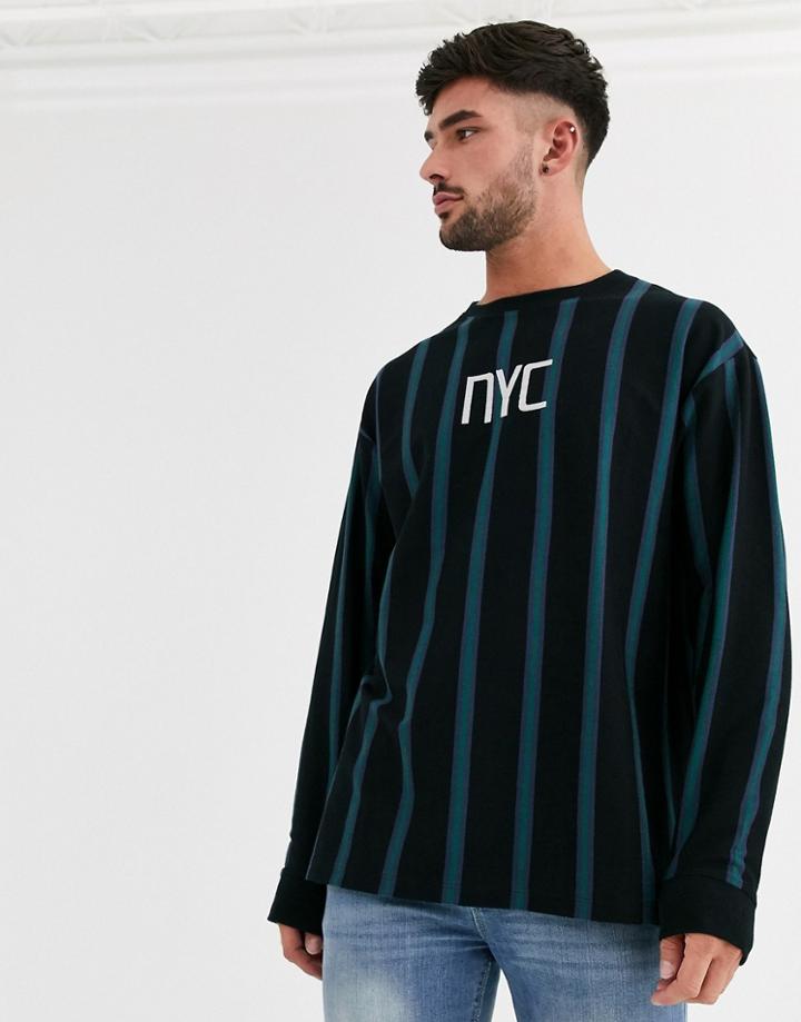 New Look Long Sleeve Vertical Stripe Nyc T-shirt In Black