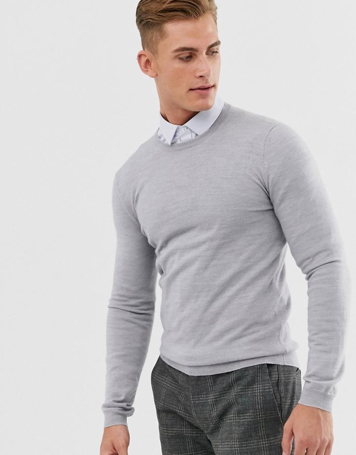 Asos Design Muscle Fit Merino Wool Sweater In Light Gray Marl - Gray