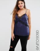 Asos Curve Satin Cami With Lace Trim - Navy