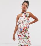 Asos Design Maternity Ruffle One Shoulder Midi Dress With Grosgrain Straps In Floral Print - Multi