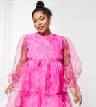 Twisted Wunder Plus Smock Mini Organza Dress In All Over Heart Print-pink