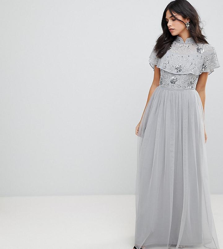 Frock And Frill Premium Embellished Top High Neck Maxi Dress - Gray