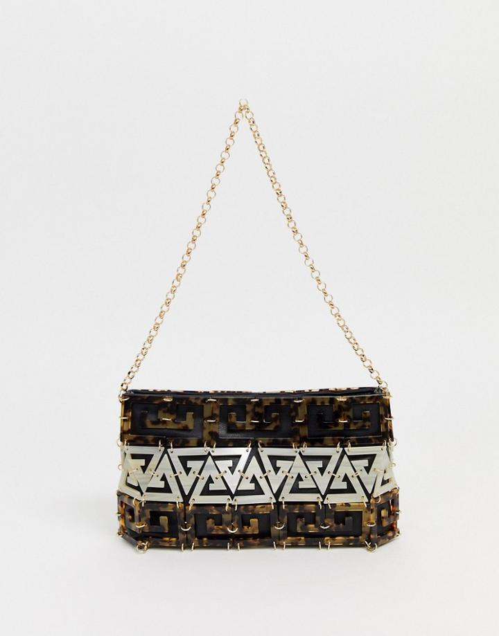 Asos Design 90s Shoulder Bag In Monogram Resin Links-brown