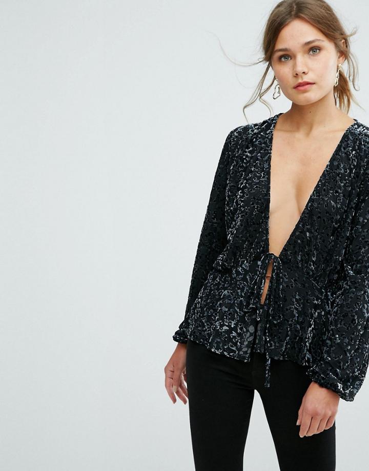 New Look Burn Out Velvet Tie Front Top - Black