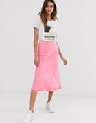 Asos White Pink Satin Bias Cut Skirt - Pink