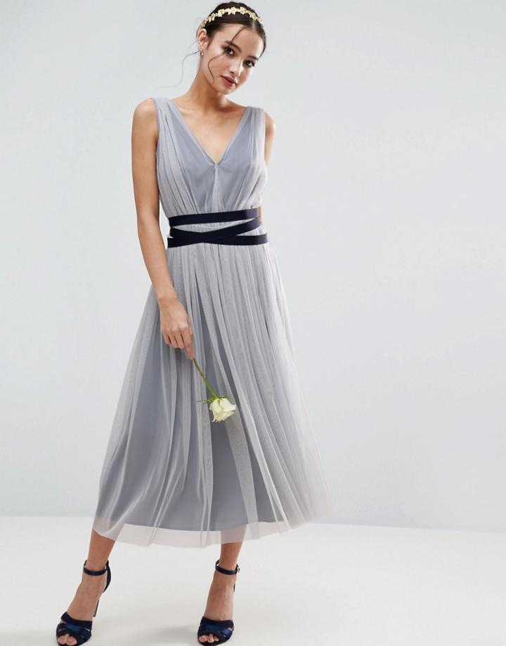 Asos Wedding Mesh Midi Dress With Ribbon Strapping Detail - Blue